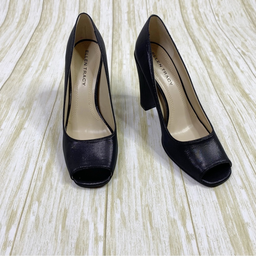 Ellen Tracy Black Satin Jackie Peep Toe Heels
